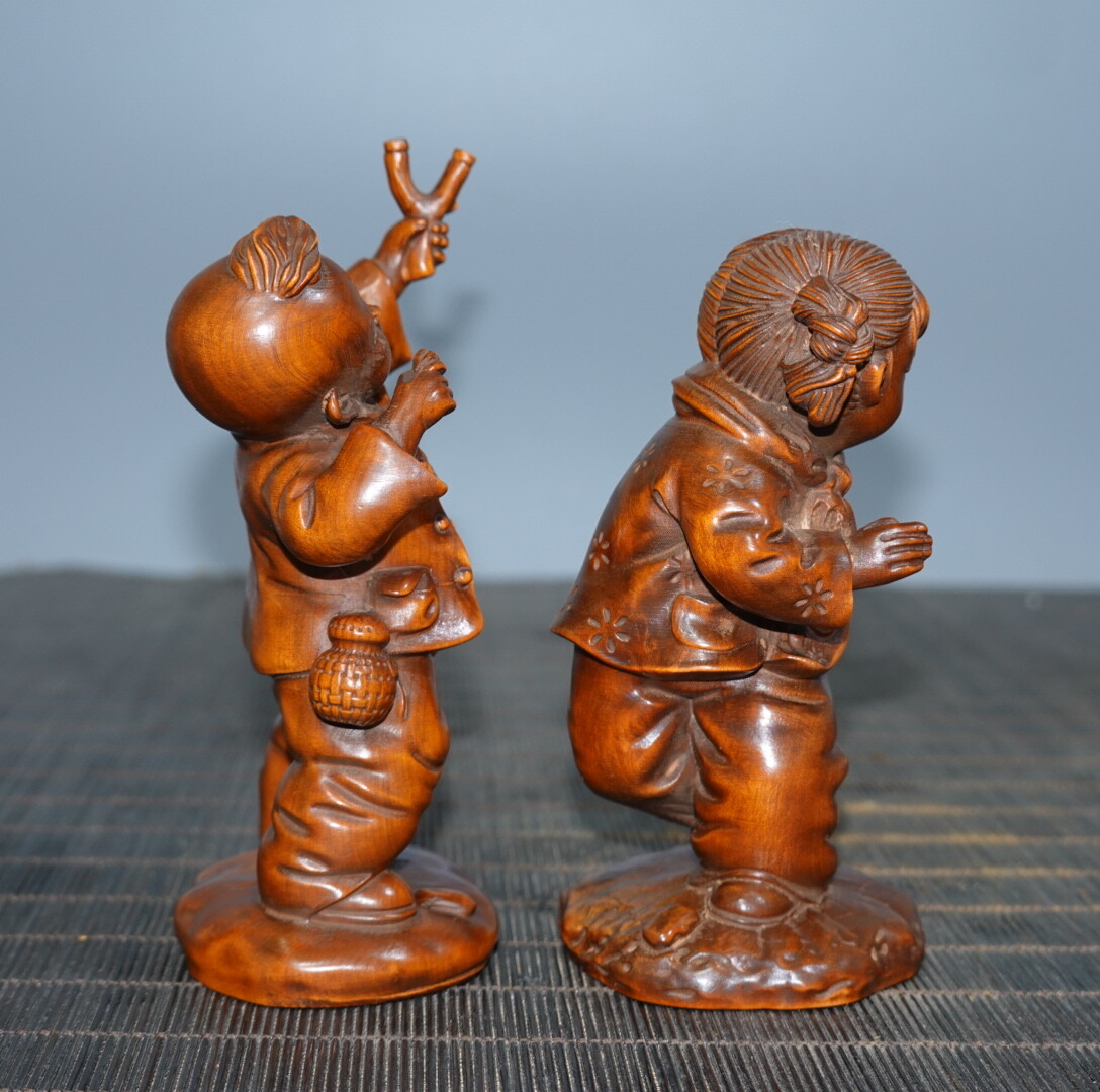 4.5″ Collect China Box-wood Carving Naughty Young Boys and Girls Statue Pair