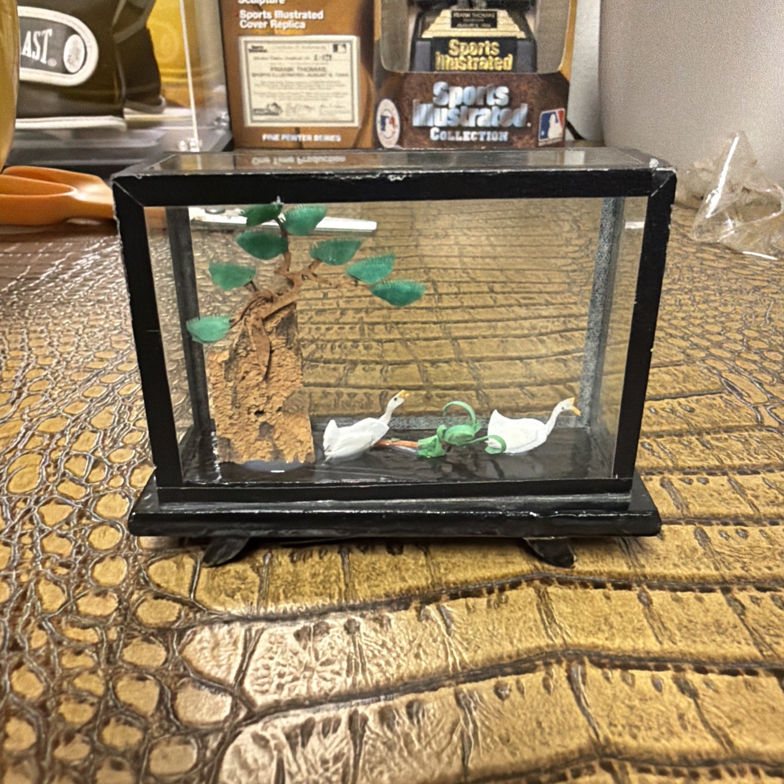 Vintage Asian Oriental Hand Carved Cork Art Shadow Box Diorama 3D Egret Pagoda