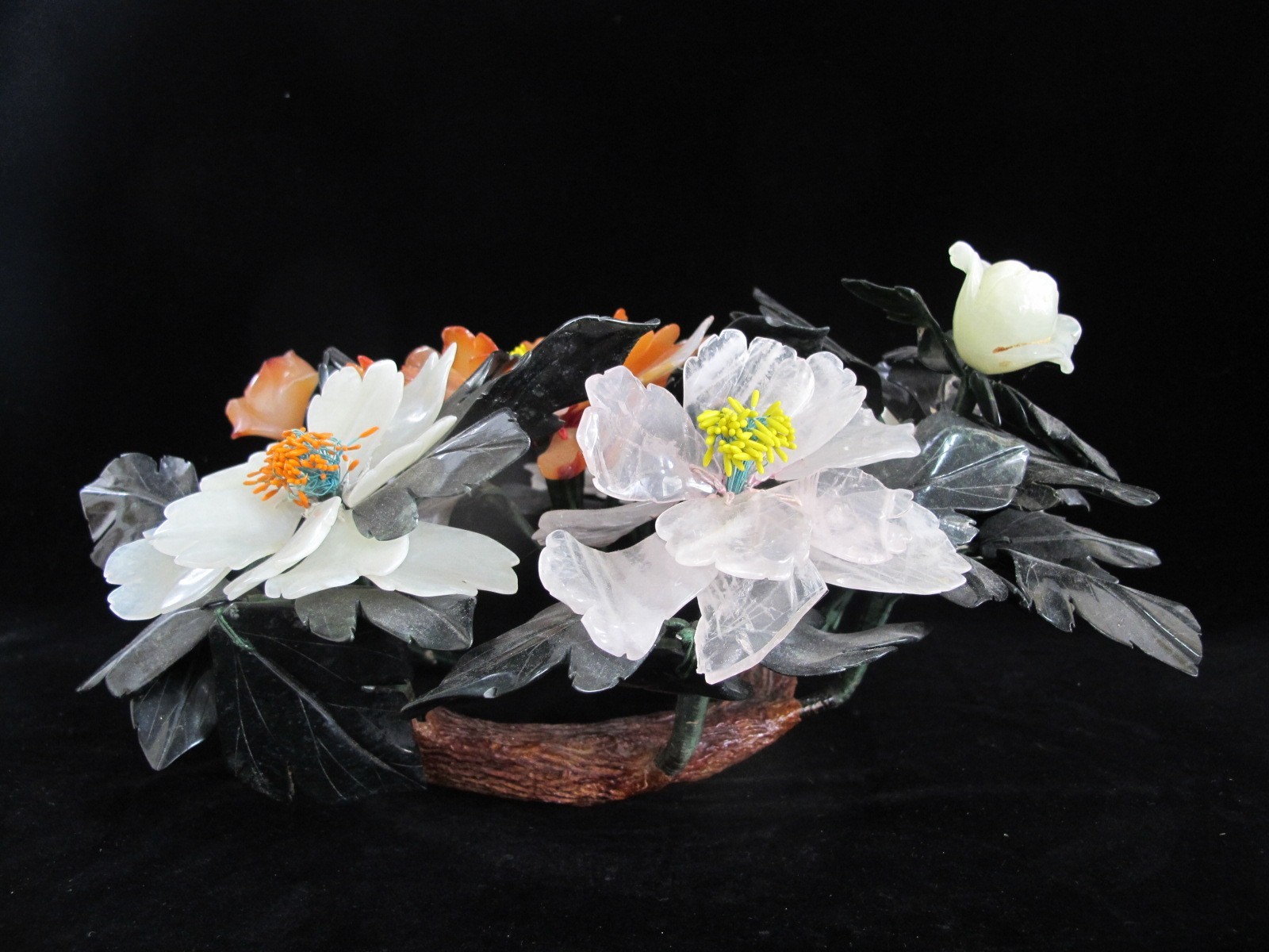 CHINESE Carved Jade Carnelian & Quartz Hardstone FLOWER Centerpiece