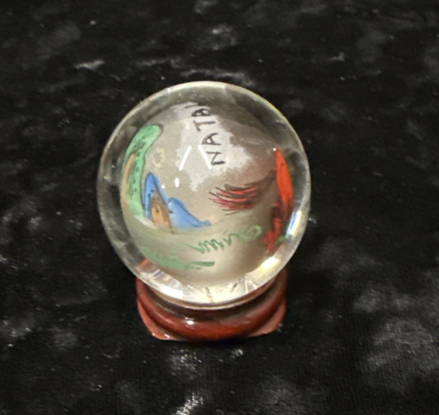 Chinese reverse painted Glass Ball Sphere Orb Horse w/Stand 1 3/4″ x 1 1/2″