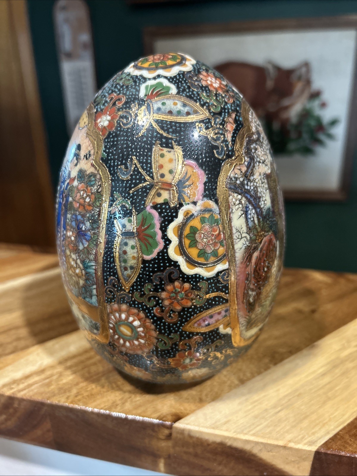 Vintage Satsuma Moriage Gilded Egg Hand Painted Porcelain Geishas in GardenJapan