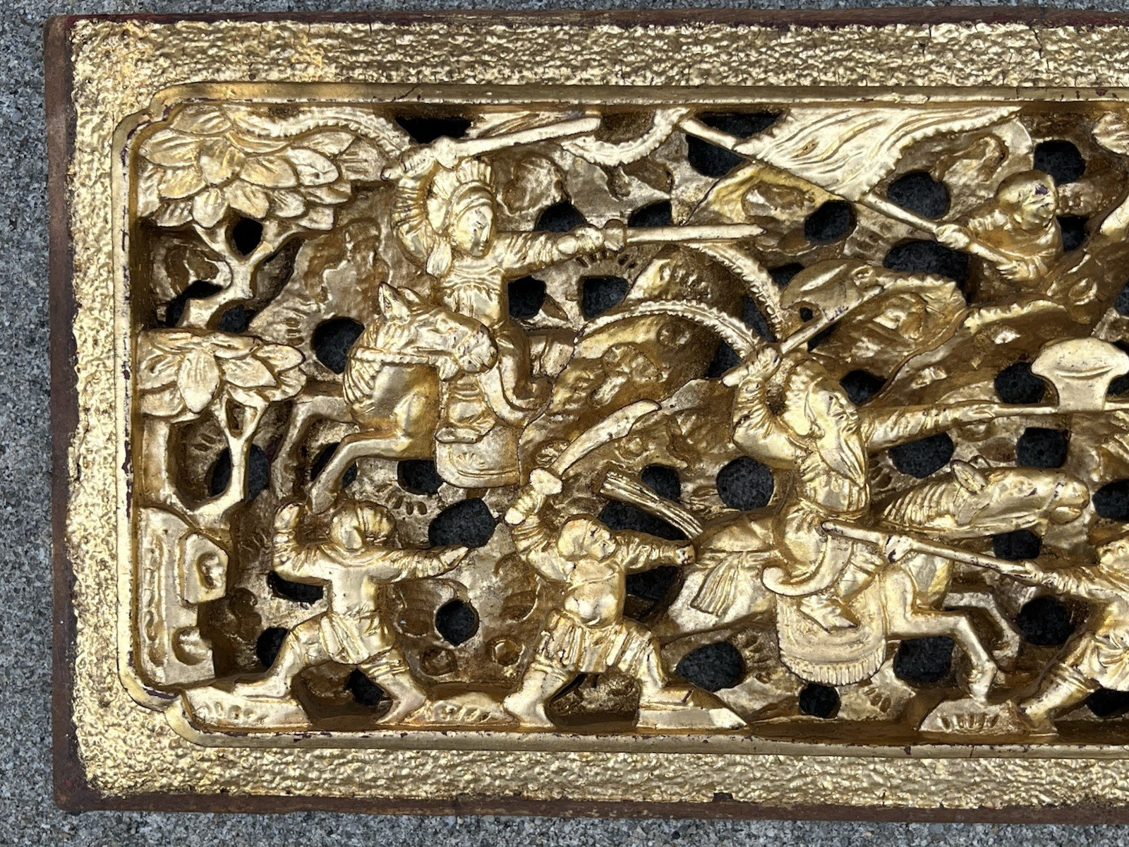 Antique Asian Chinese Gold Gilded Carved Warrior Wood Panel