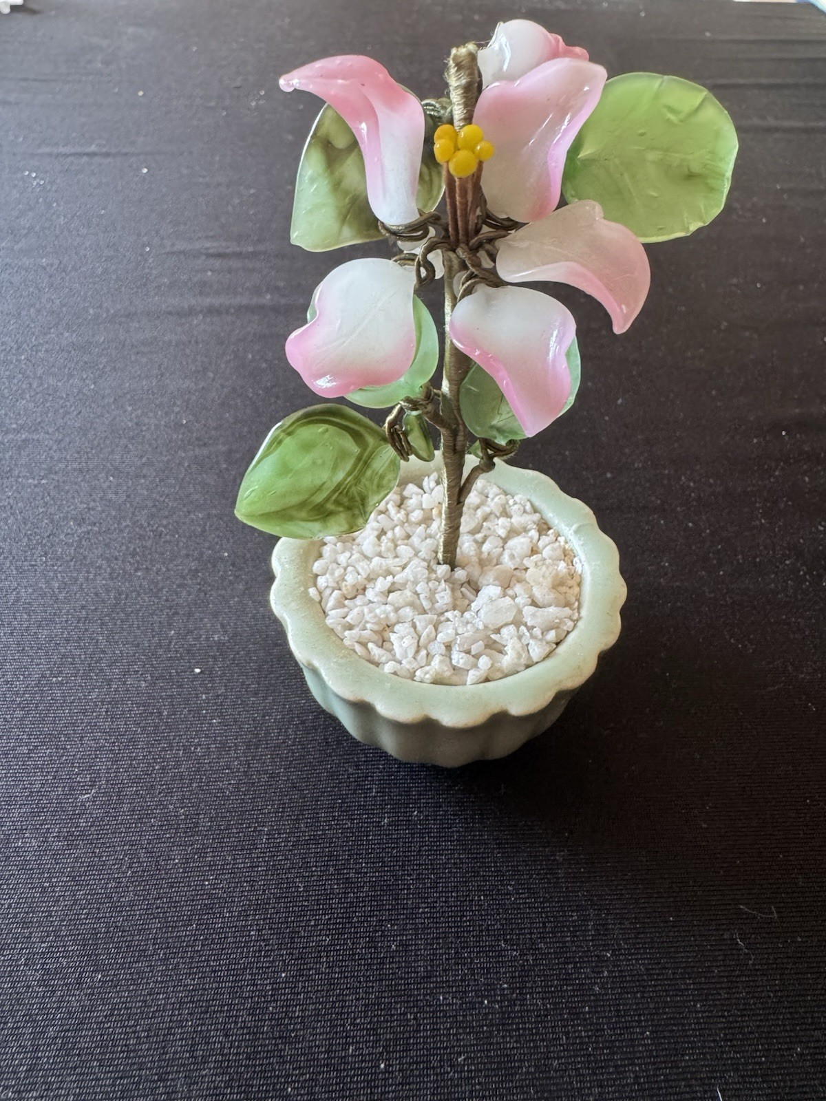 2 Vintage Asian Decor Small Jade Glass Pink Flower Bonsai Tree Celadon Pot