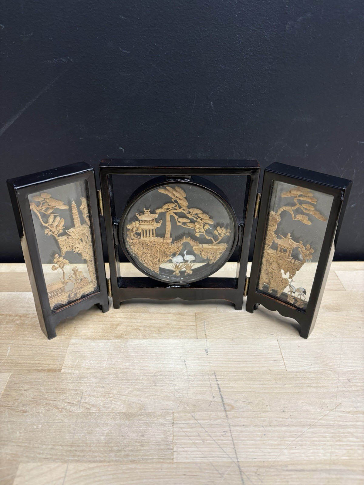 Vintage Chinese Cork Art Hand Carved Tri-Fold Diorama Box Pagoda Trees Cranes