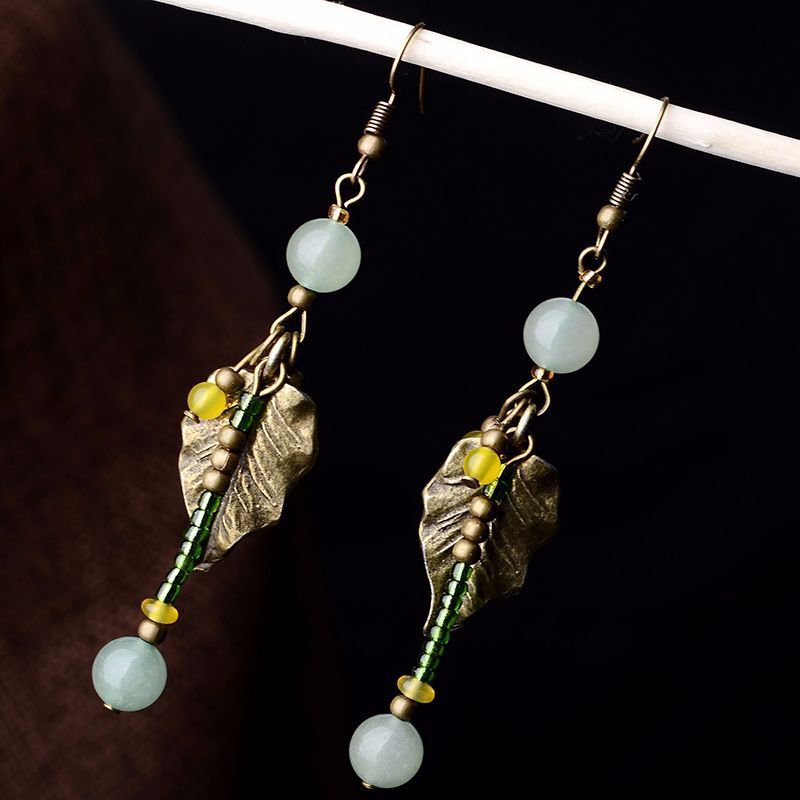 China Dongling Jade/Agate/Alloy Plume Tassels Tibetan Style Earbob Earrings