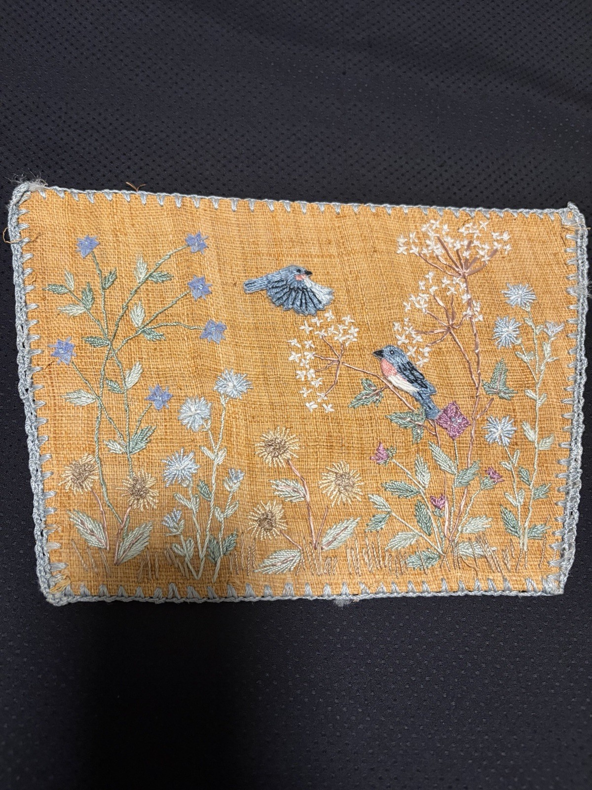 Antique Asian Embroidered Burlap Blue Bird Floral Panel 11″ Micro Bead Hemstitch