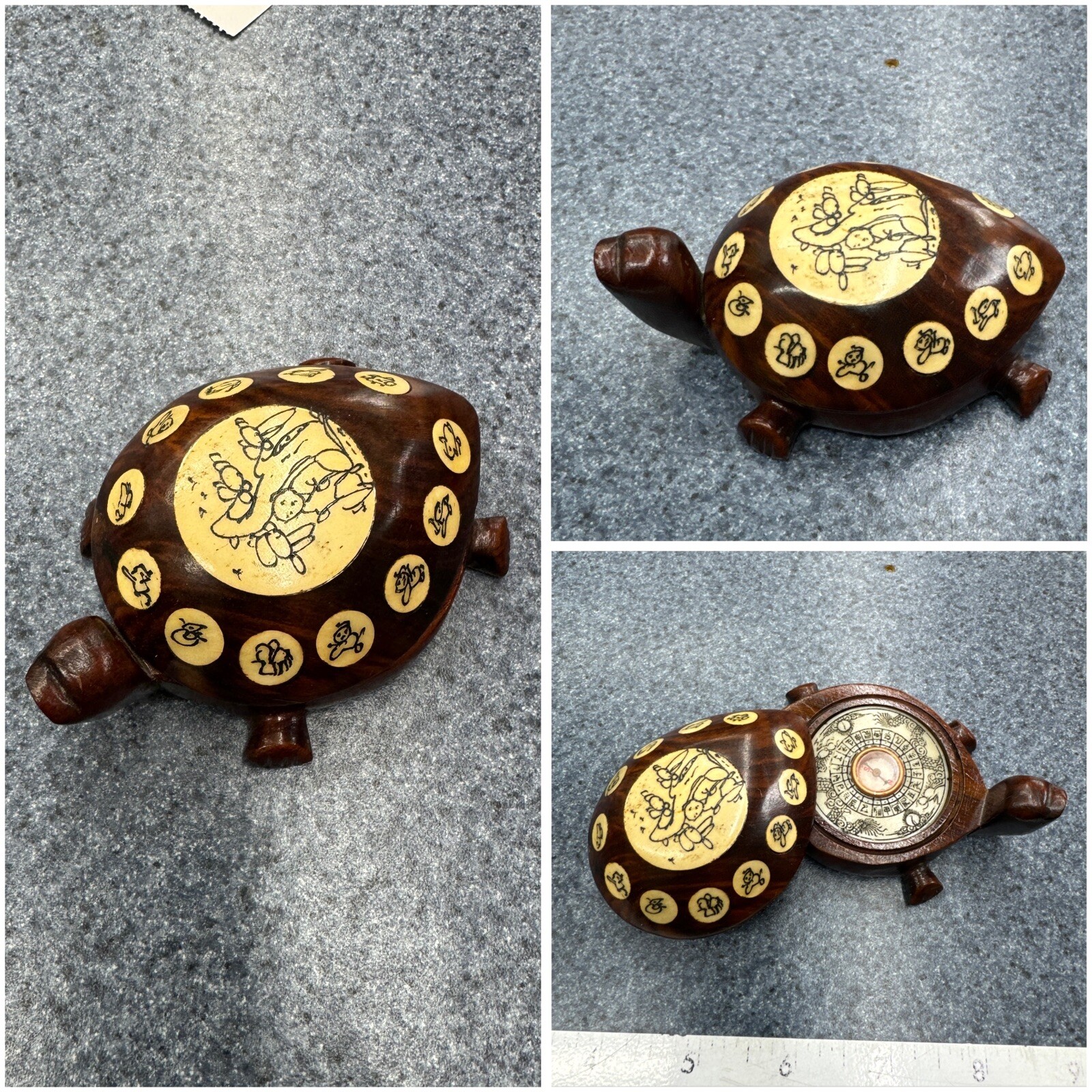 VINTAGE CARVED WOOD TURTLE OPENS TO COMPASS WITH INLAID CHINESE ZODIAC SIGNS