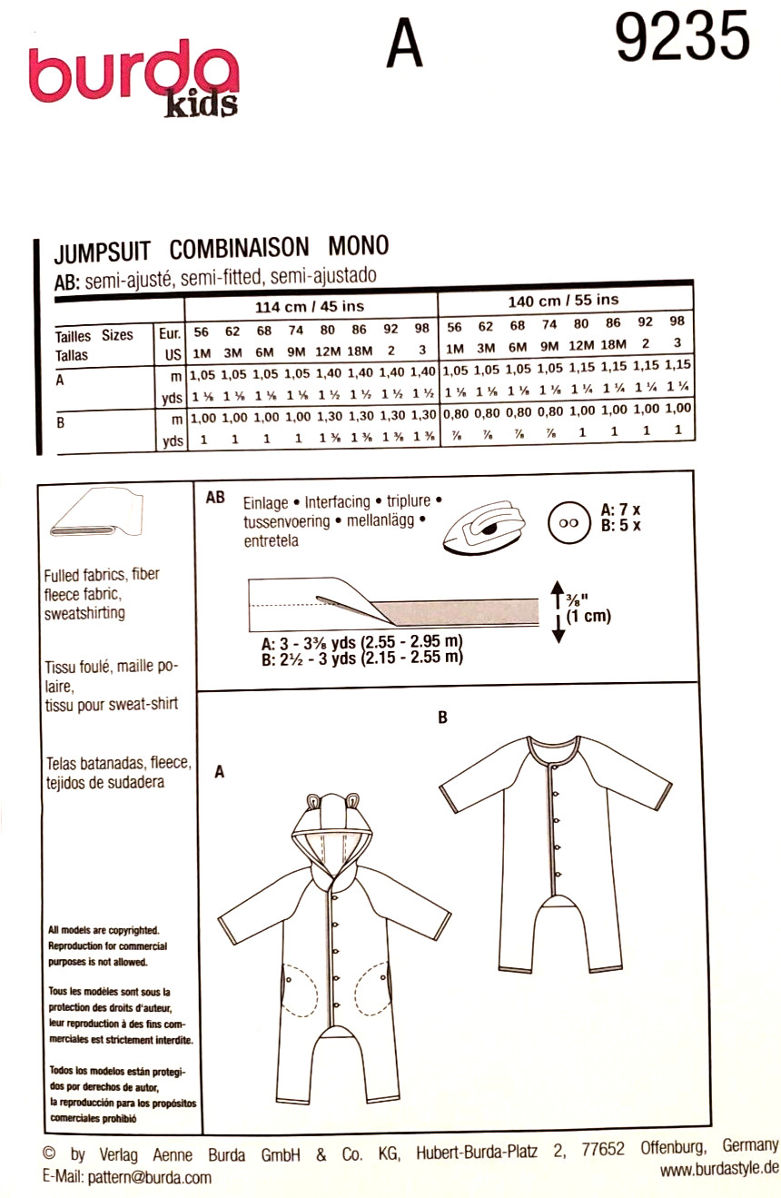 Burda 9235 Babies’ Jumpsuit Sizes 1-3 months Sewing Pattern *NEW*