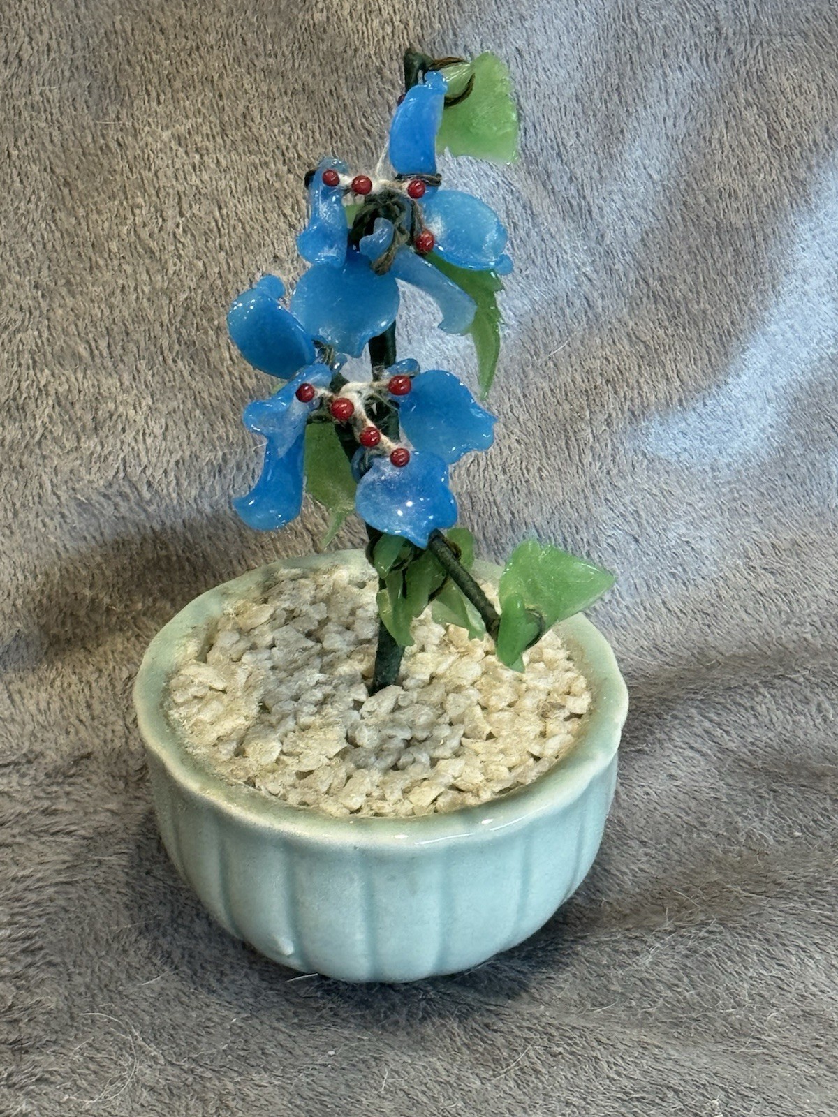 Small Jade Glass With Blue Flowers 4.5” Tall Celadon Pot Vintage