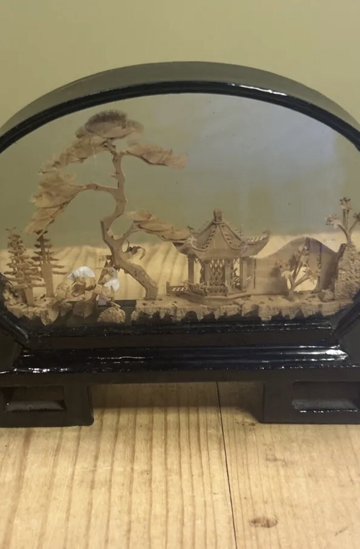 Vintage Chinese Wood/Cork Carving Diorama 6” Oval