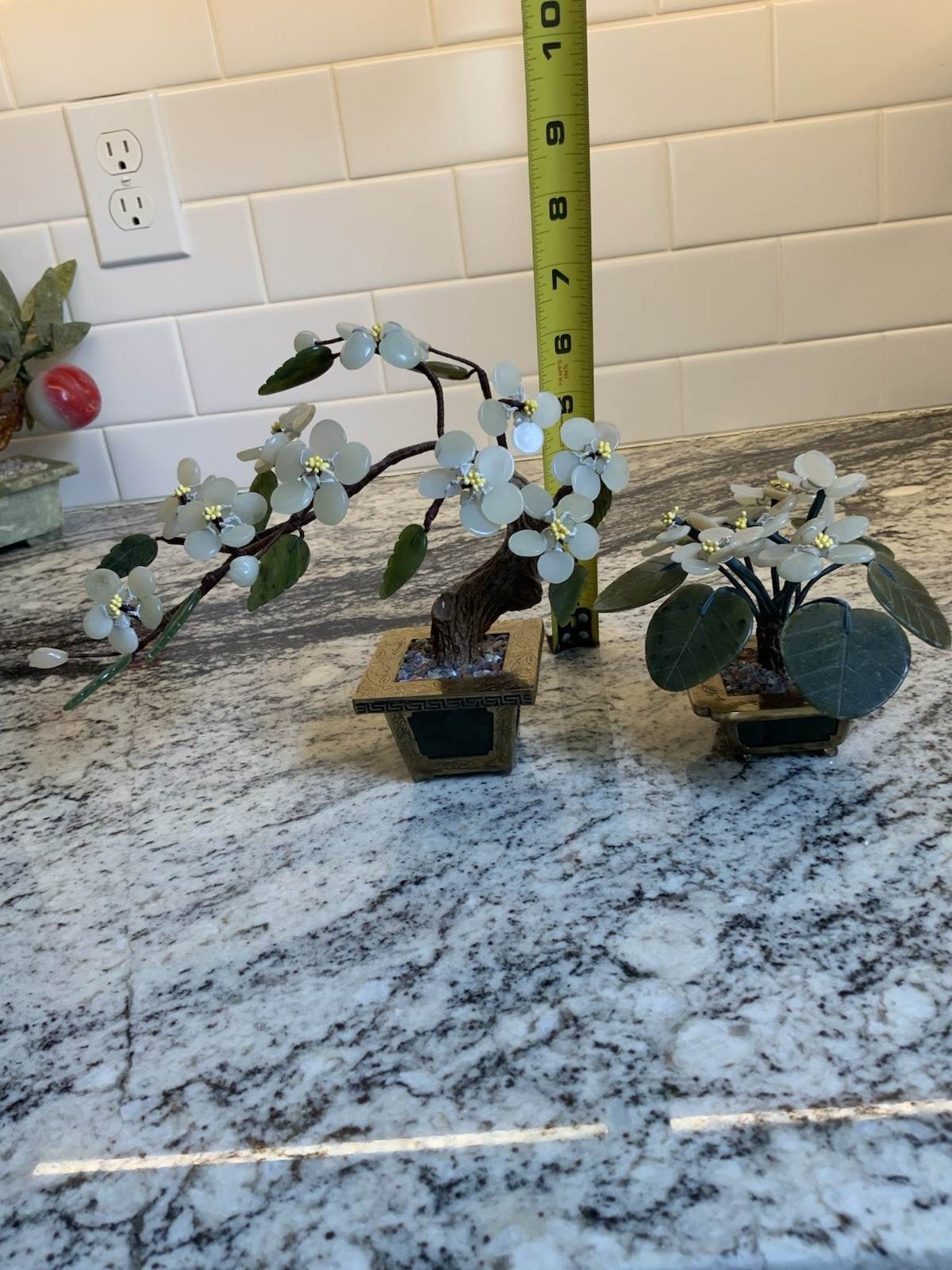 TWO Small Vintage Carved Jade Bonsai Trees Hong Kong