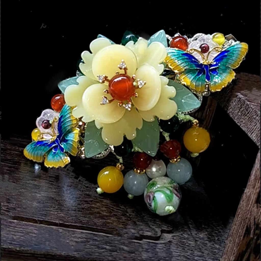 Vintage Cloisonne Top Clip Butterfly Flower Spring Hairpin Retro Ponytail Clip