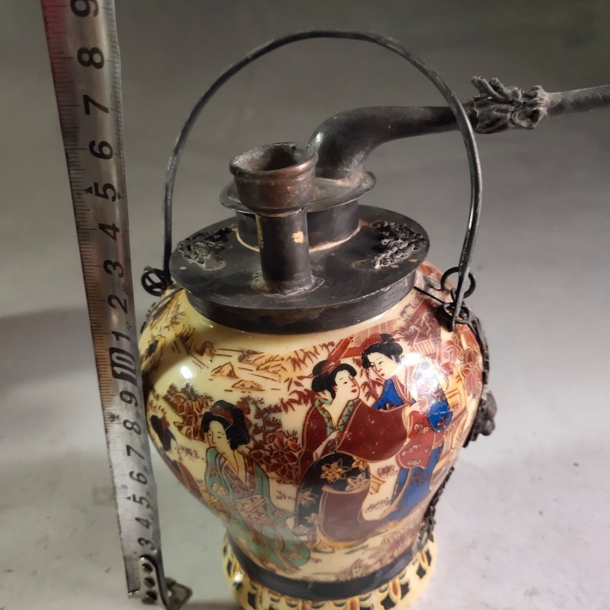 Antique Chinese Pure Copper Ceramic Hookah Hand Painted Figure Collectible