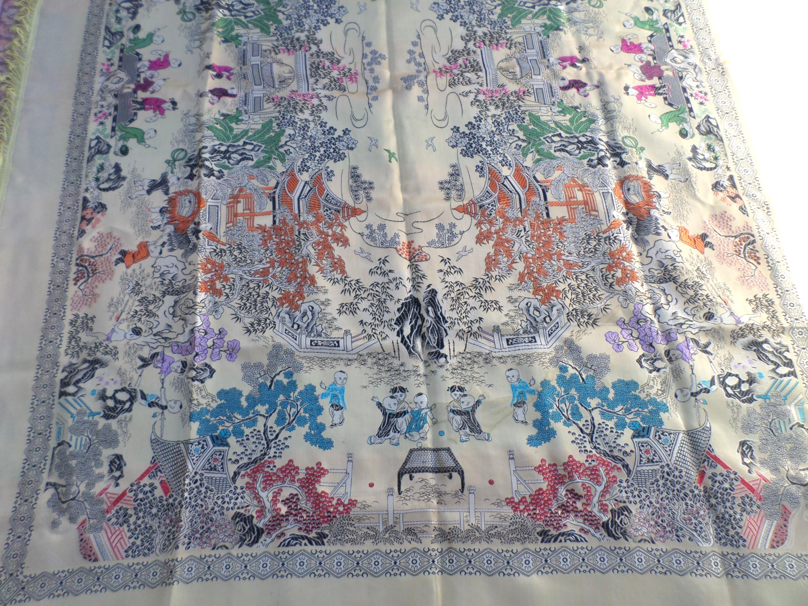 VTG CHINESE SILK BROCADE TABLECLOTH PIANO SCARF ASIAN VILLAGE CELEBRATION 74X56