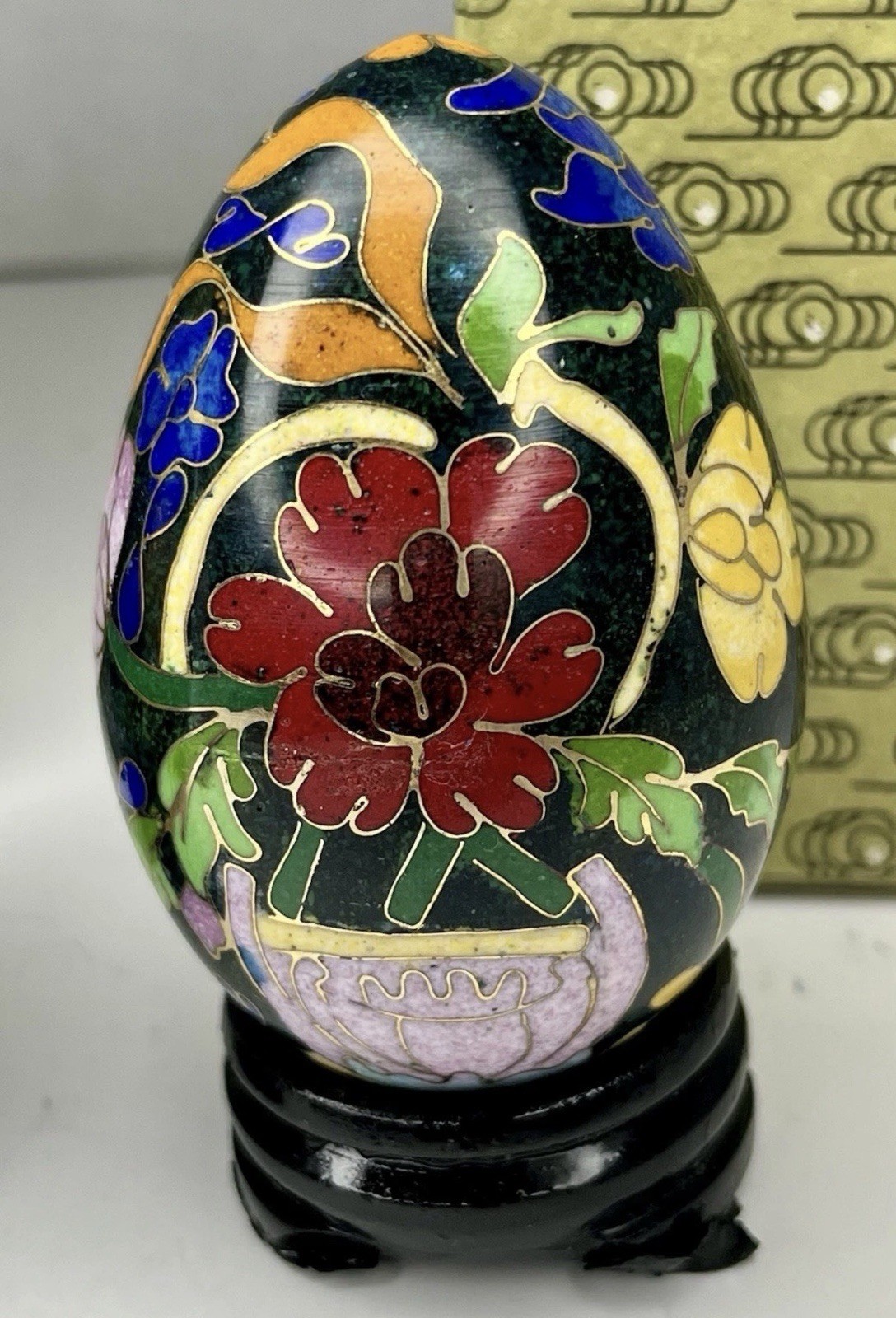 2 Vintage Handmade Chinese Cloisonne Copper Enamel Egg Traditional Floral Motif