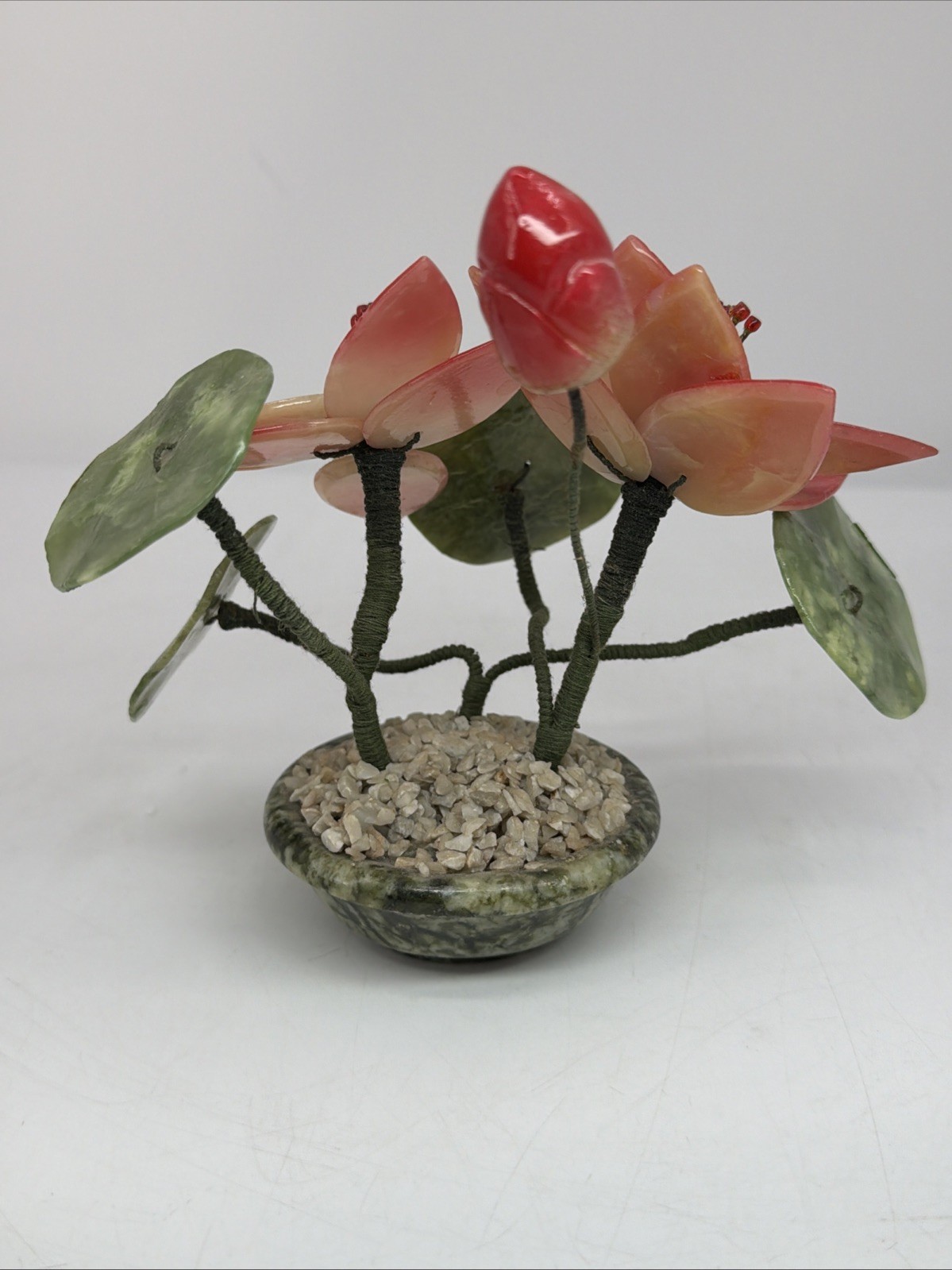 Vintage Asian Jade Stone Blossom Bonsai Tree, Small Approximately 6”x 7”