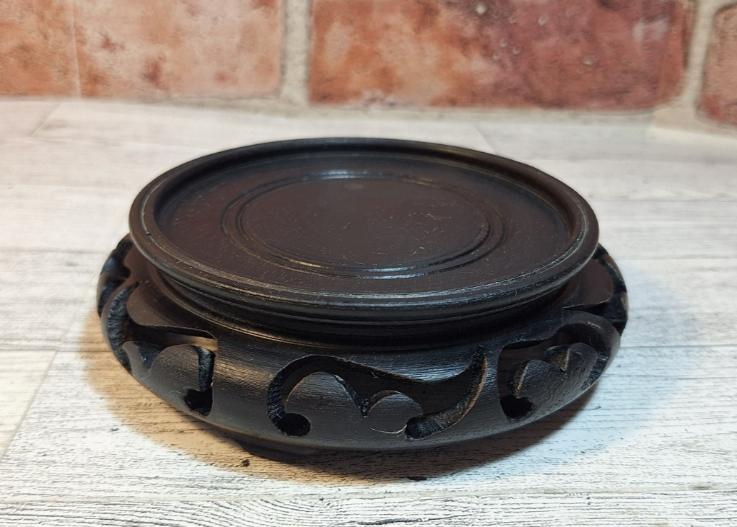 Vintage Chinese Carved Wood Vase Stand, 4.5″ Wide Base 1 1/2″ Tall