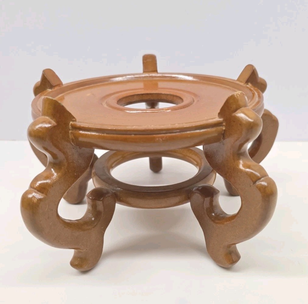 Carved Wood Plant Stand Display Honey Brown Vase Fish Bowl Oriental 9.5″