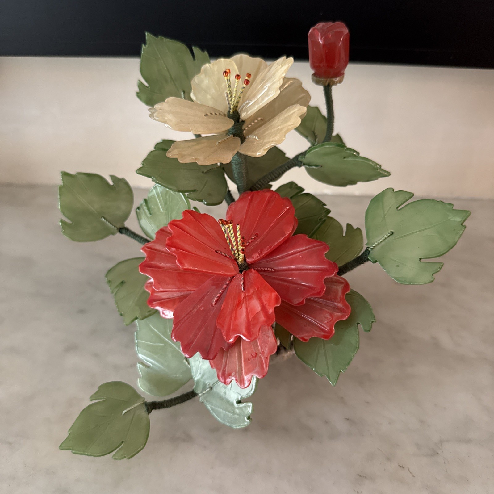 Vintage Jade Bonsai Tree Carved Red Hibiscus Flowers High Blossom 6.25” By 7”