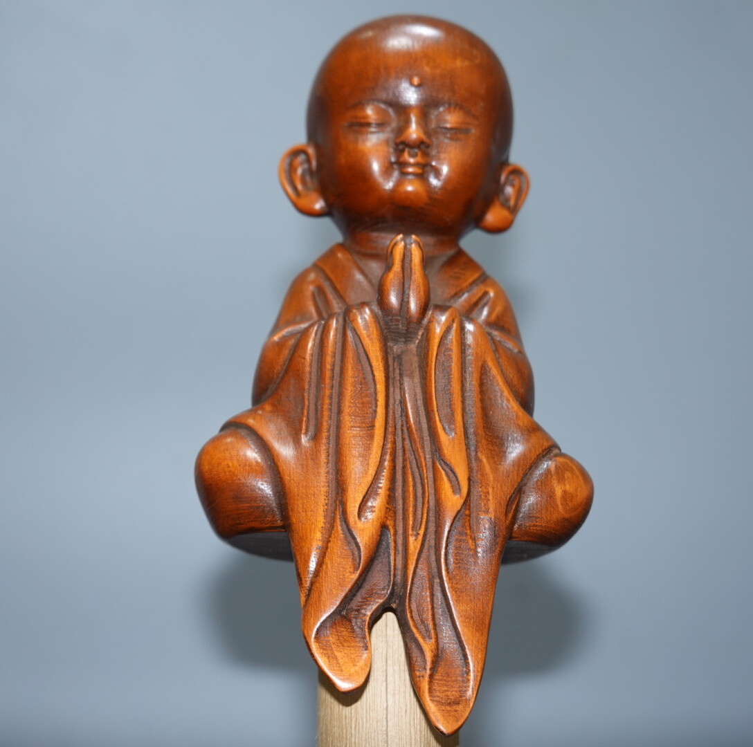 4.7″Collect China Box-wood Carving Small Little Monk Enlightenment Buddha Statue