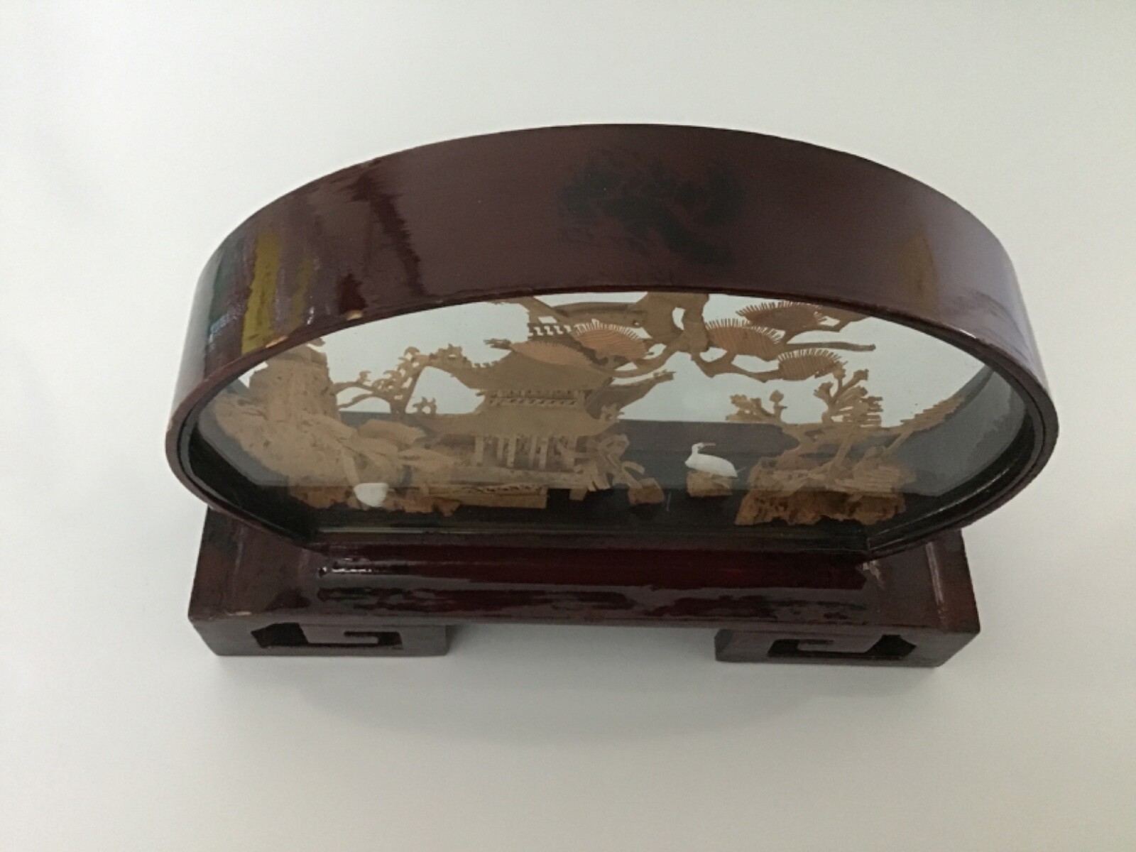 VINTAGE-FUJIAN HAND CARVED CORK DIORAMA ART GLASS WOOD FRAMED PICTURE