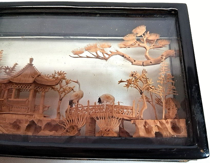 2 Chinese Scene 3D Hand Carved Cork Dioramas Black Lacqured Wood & Glass Cases