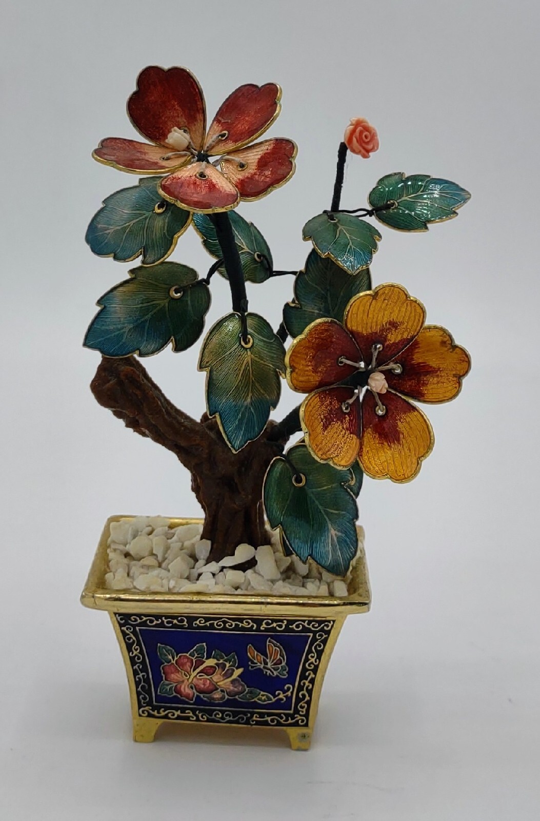 Vtg Oriental Guilloche Enamel Bonsai Tree Pink Coral Flowers Cloisonne Pot
