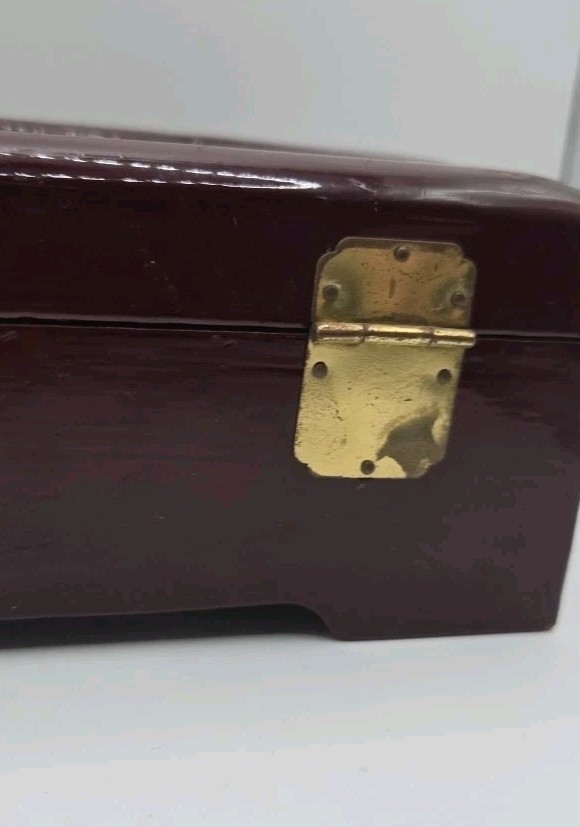 VTG San You Asian Jewelry Wood Box Diorama Cork Art Pagoda Scene Brass Lined