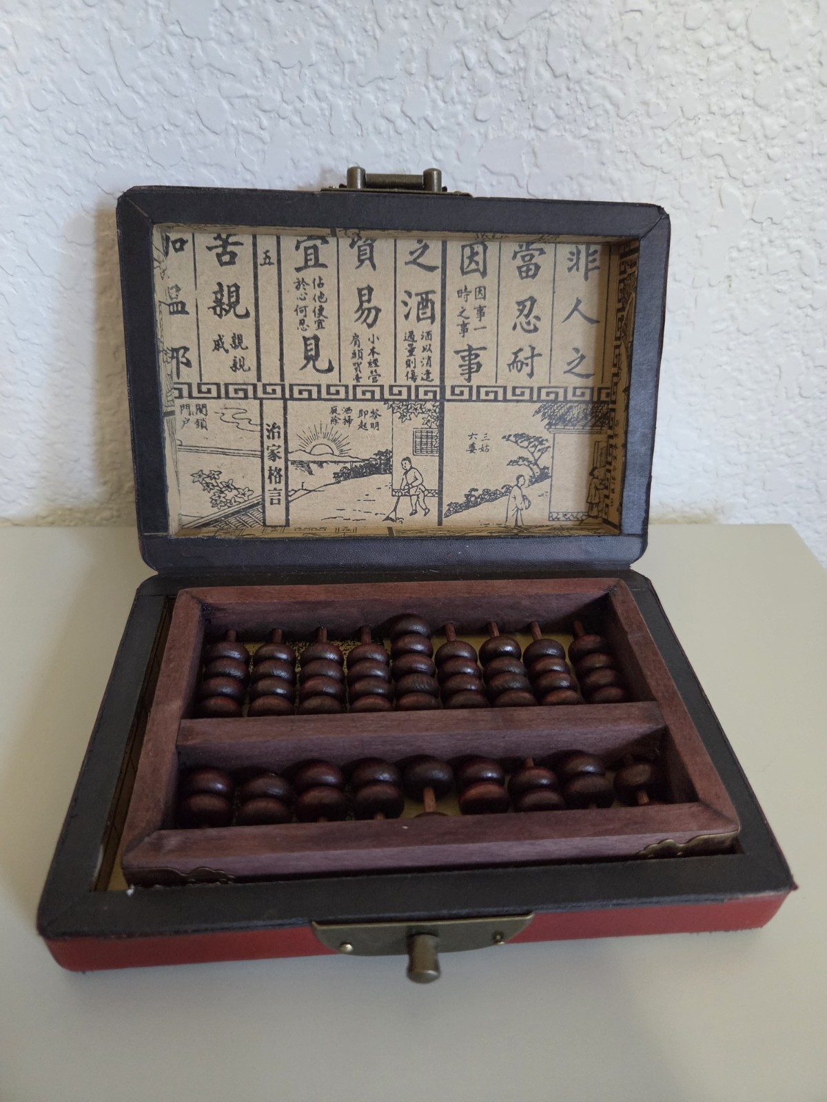 Vintage Chinese Abacus 2:5 Beads w/ Red Phoenix Dragon Brass Wood Box + Booklet
