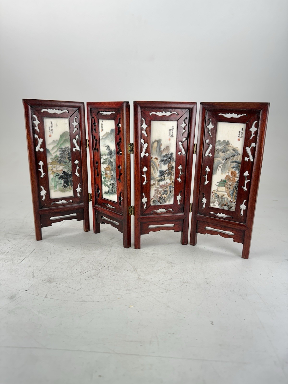 Antique Chinese 1900s 4 Panel Hand-Painted Mini Folding Screen Carved Engraved