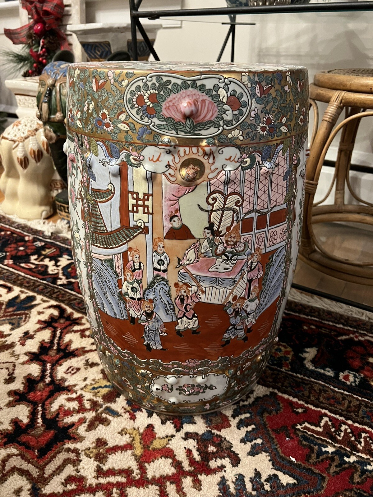 vintage rose medallion famille Porcelain garden stool seat chinoiserie Chinese