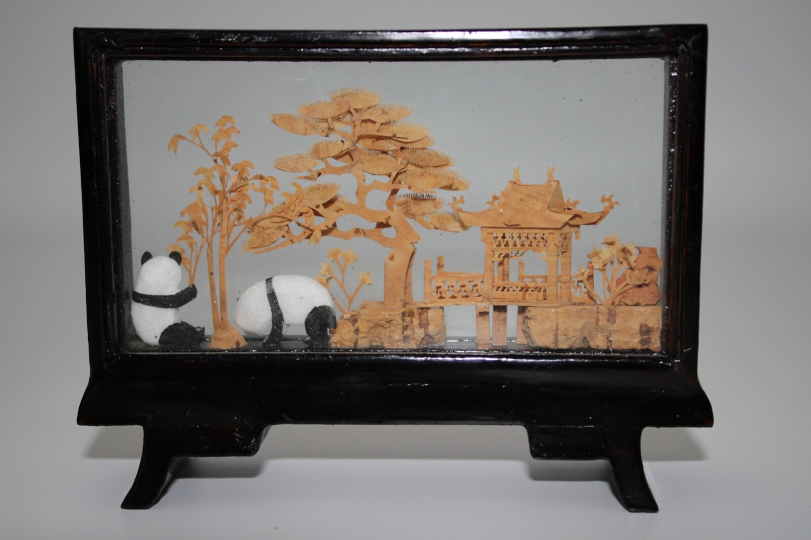 VTG Chinese Cork Carving Diorama Miniature Sculpture Scene with Pandas 3.75×5″