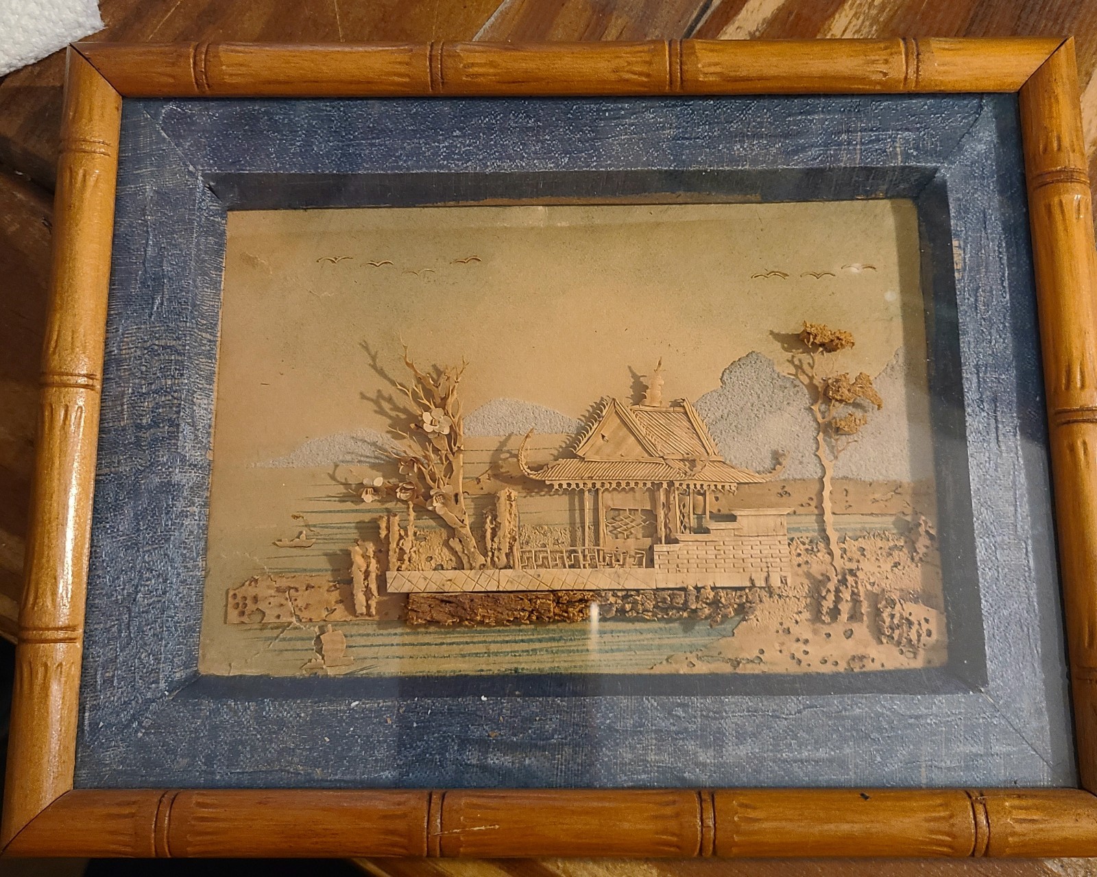 Vtg Chinese Hand Carved Cork Diorama Under Glass Frame Artwork 8.5×6.5″