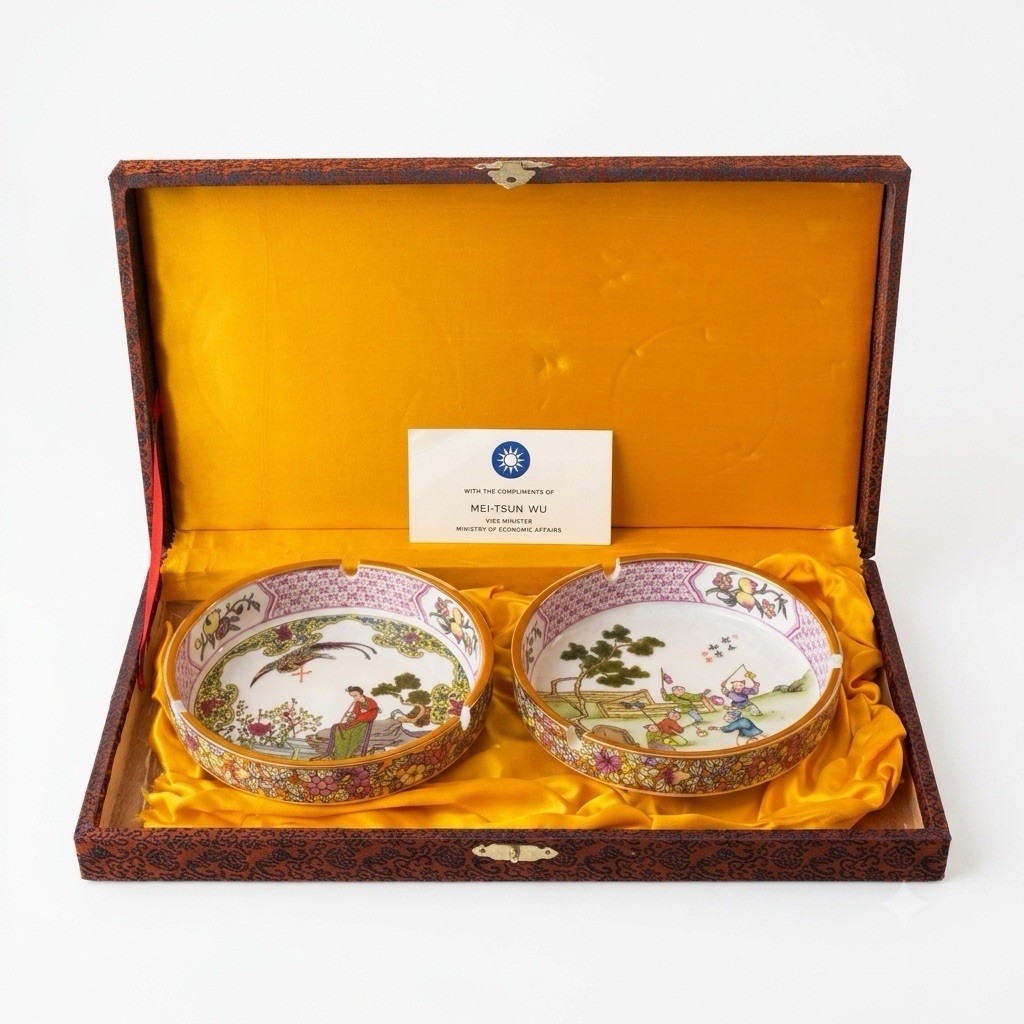 Pair of VTG Chinese Porcelain Famille Rose Ashtrays in Silk Presentation Box