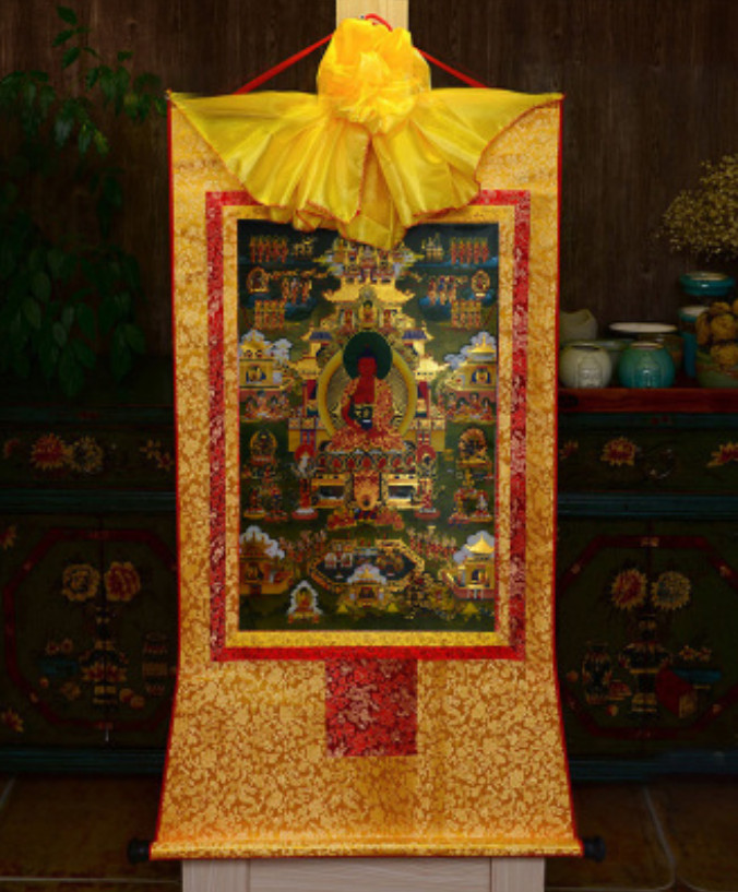 Tibet Tibetan Buddha Print Silk Gild Thangka Thanka Shakyamuni Buddha 极乐世界 35cm