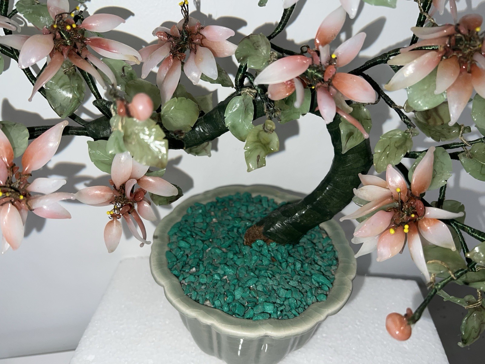 (…-6)Jade Like Flower Pink Glass Asian Bonsai Tree Leaves Missing And Damage.