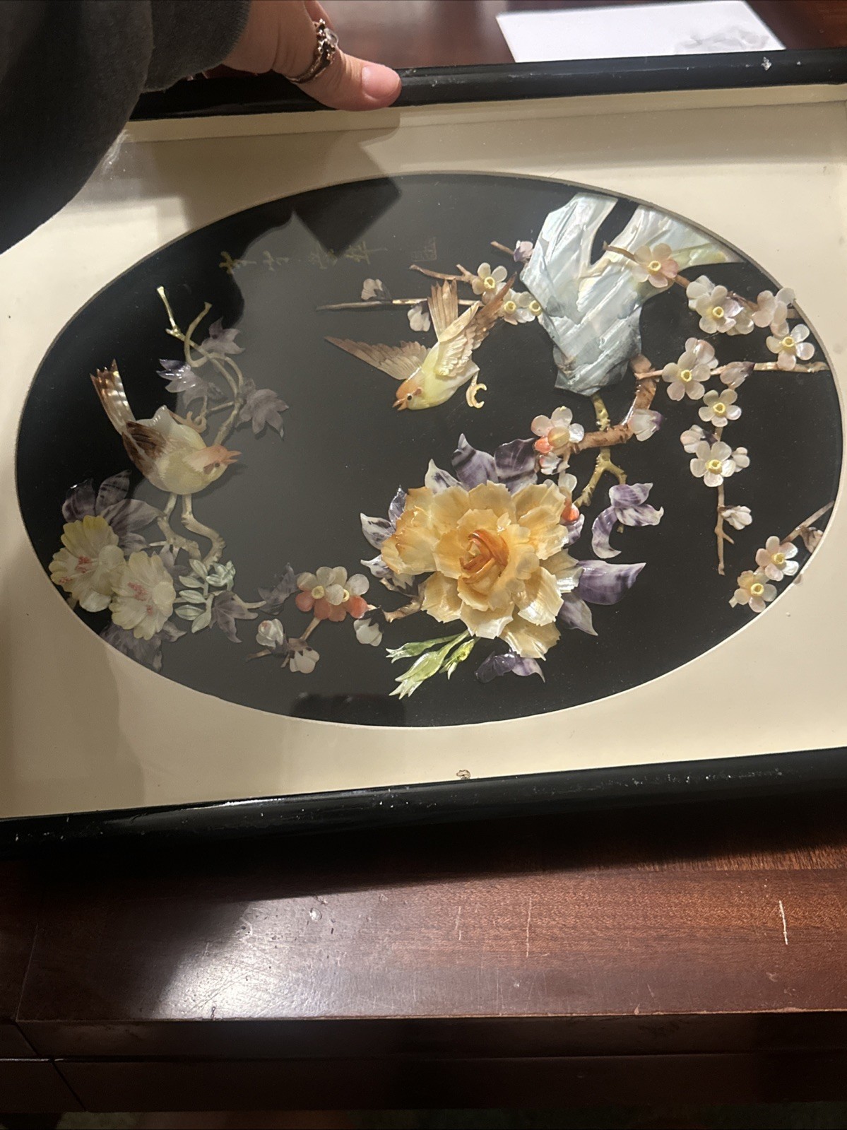 Mother of Pearl Shell Oriental Carved 3-D Wall Art with Flower/Bird Design