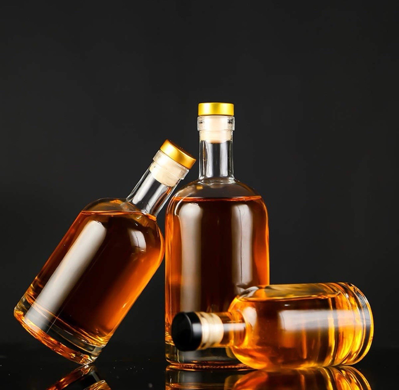 Set of 3 Glass Bottles 6 oz Clear Liquor Bottles Heavy Base W/ Cork N Heat Seal