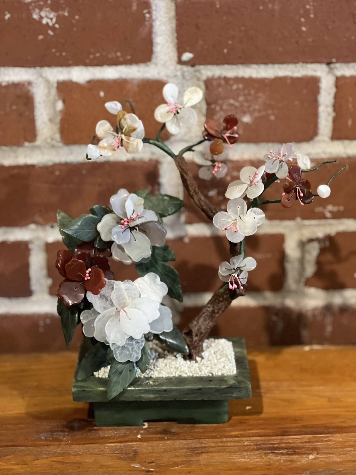 Vintage Chinese Jade Stone Glass Bonsai Mineral Tree Multi Color 9 x 10″