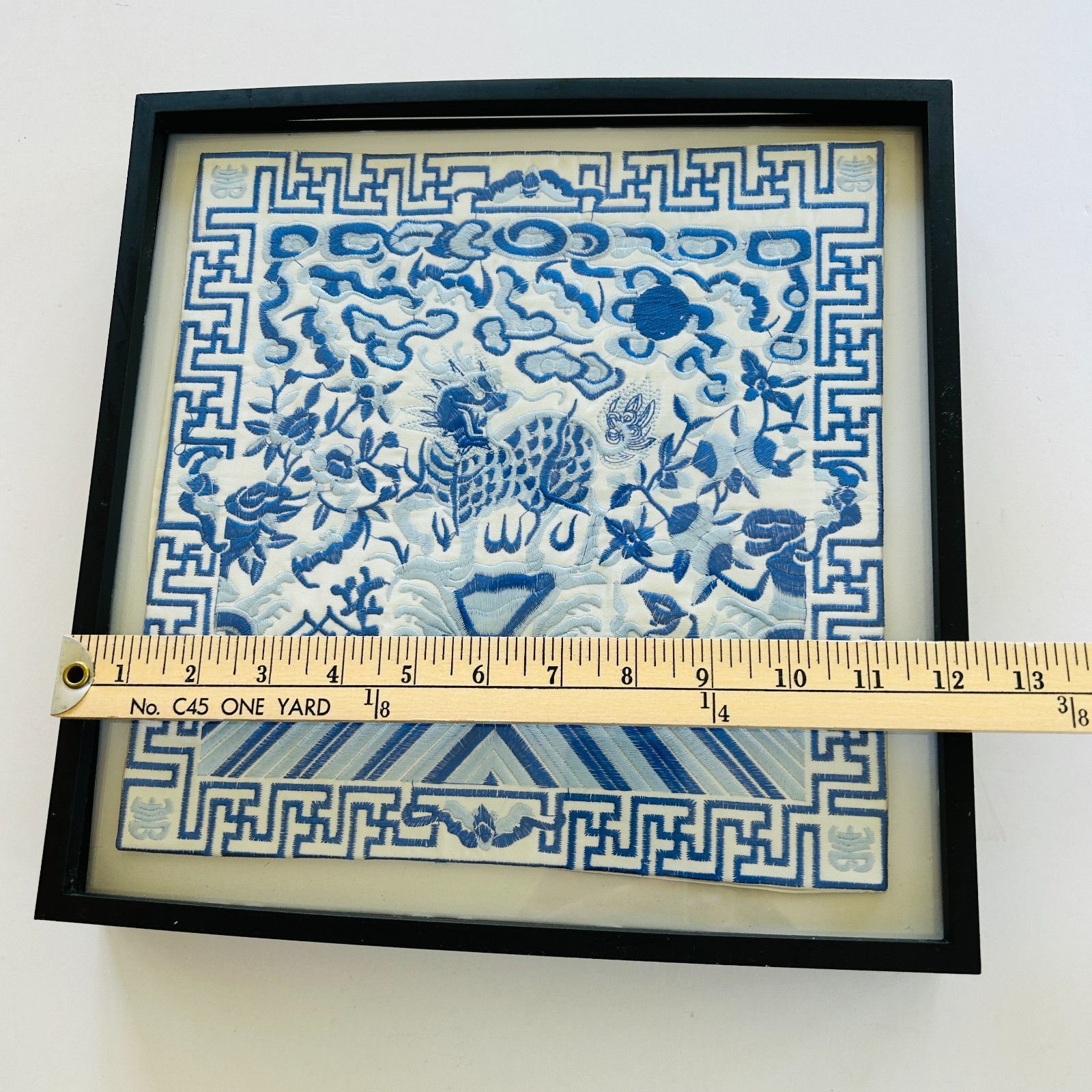 Shadow Box Framed Chinese Silk Embroidered Dragon Mat 12.5 in Square Wall Art