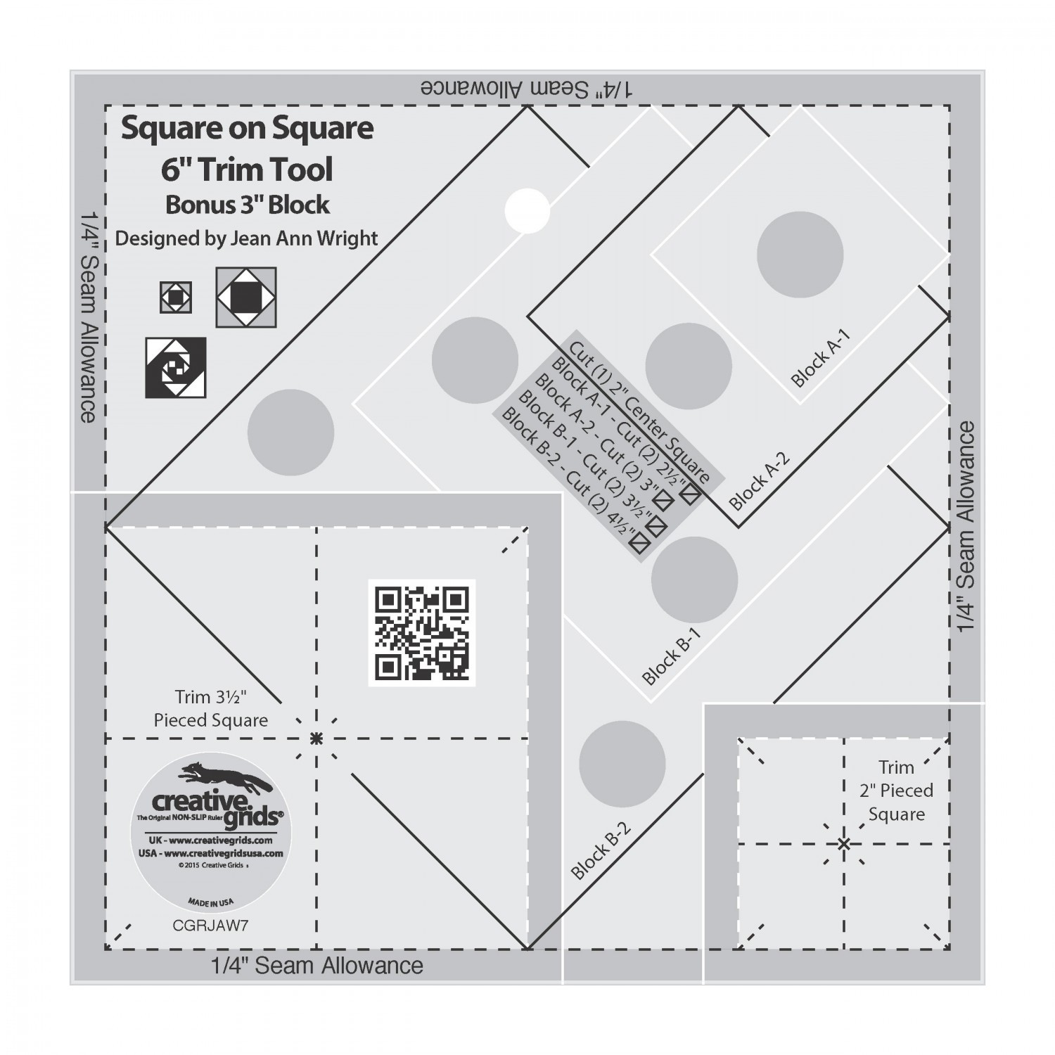 Creative Grids Square on Square 6″ Trim Tool Sewing and Quilting Ruler