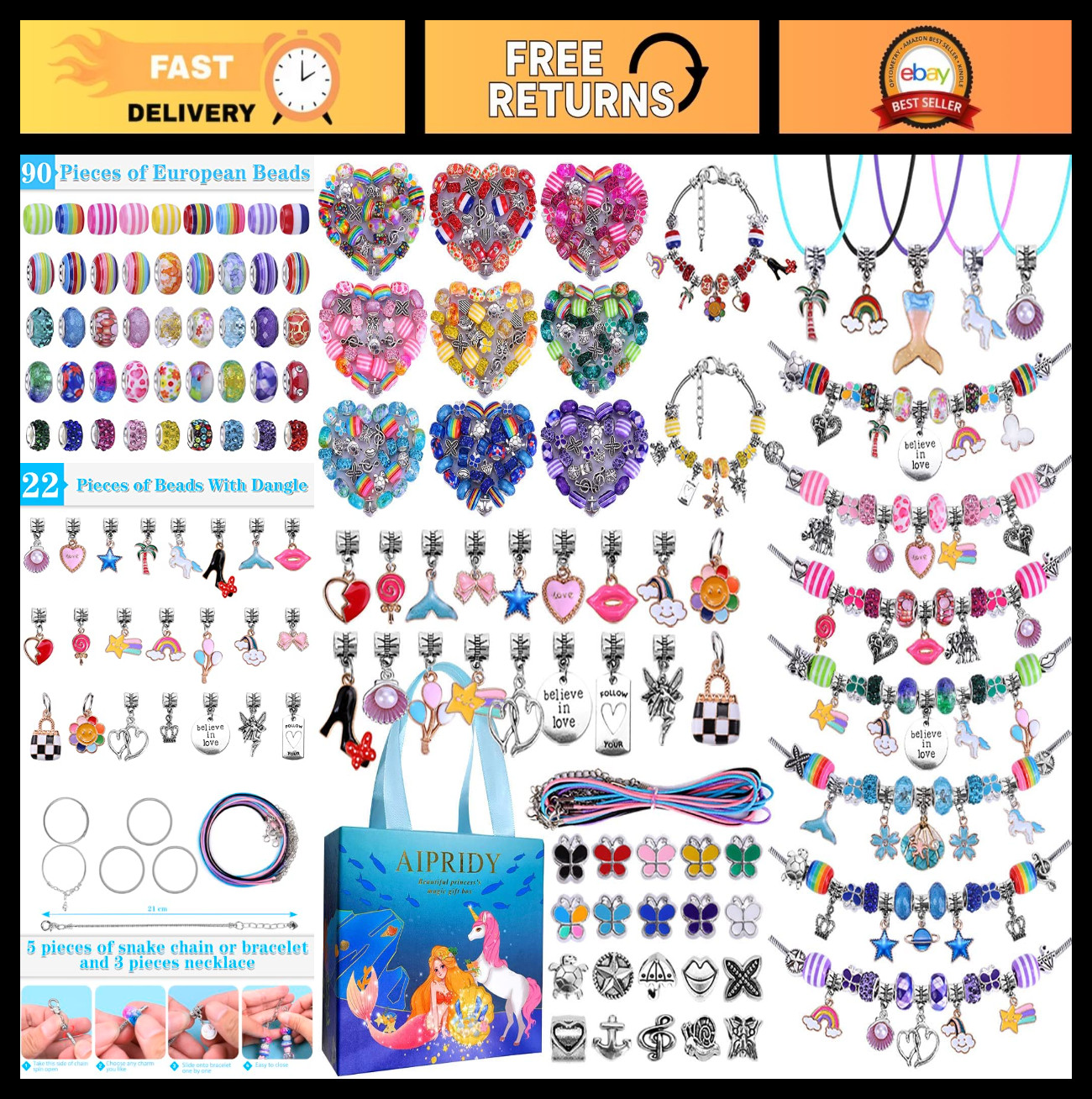 150-Piece Charm Bracelet Making Kit – Unicorn & Mermaid Crafts for Girls 5-12, C