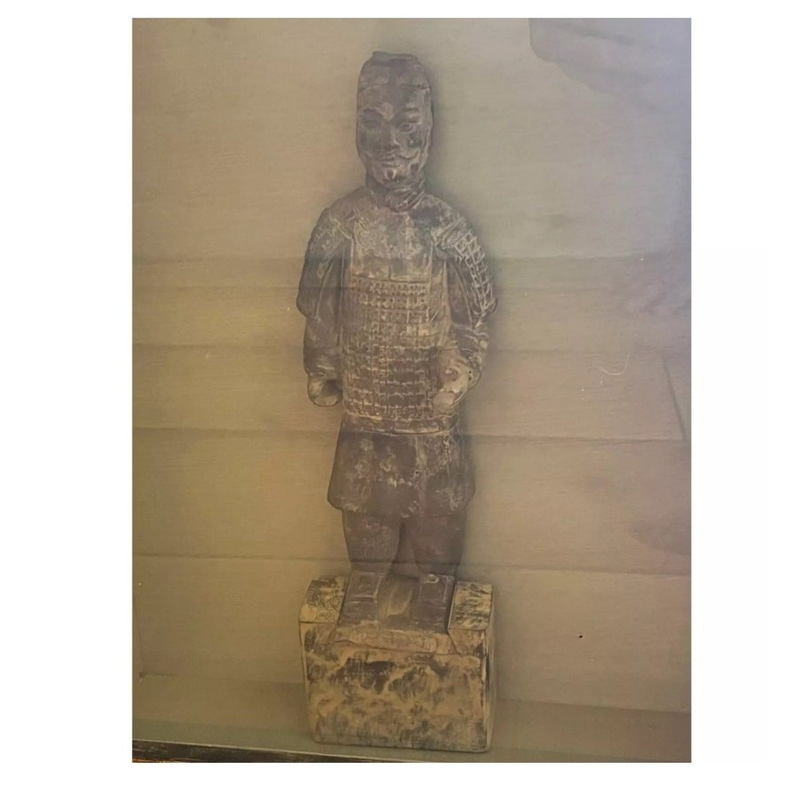 Pair of Vintage Chinese Terracotta Soldier Statues in Framed Shadow Box.
