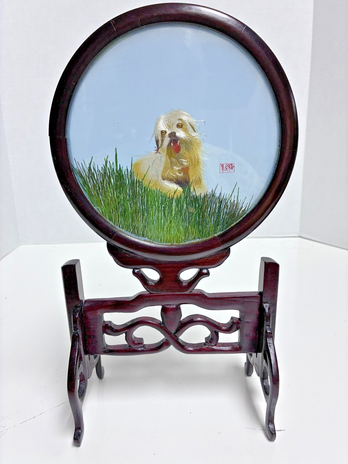 Chinese Double Sided Round Embroidery Small Dog w/Stand & Box