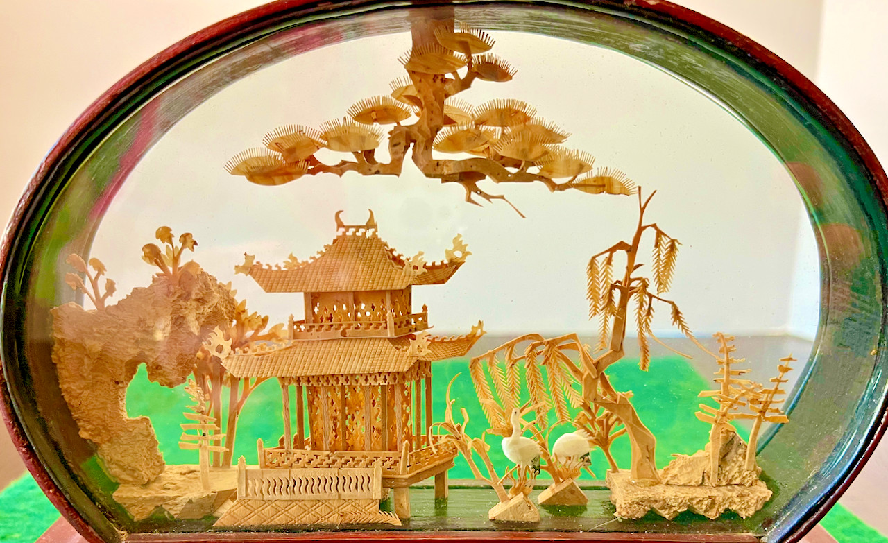 Vintage Chinese San You Cork Carving Diorama w/Pagod Trees & Cranes Wooden Stand