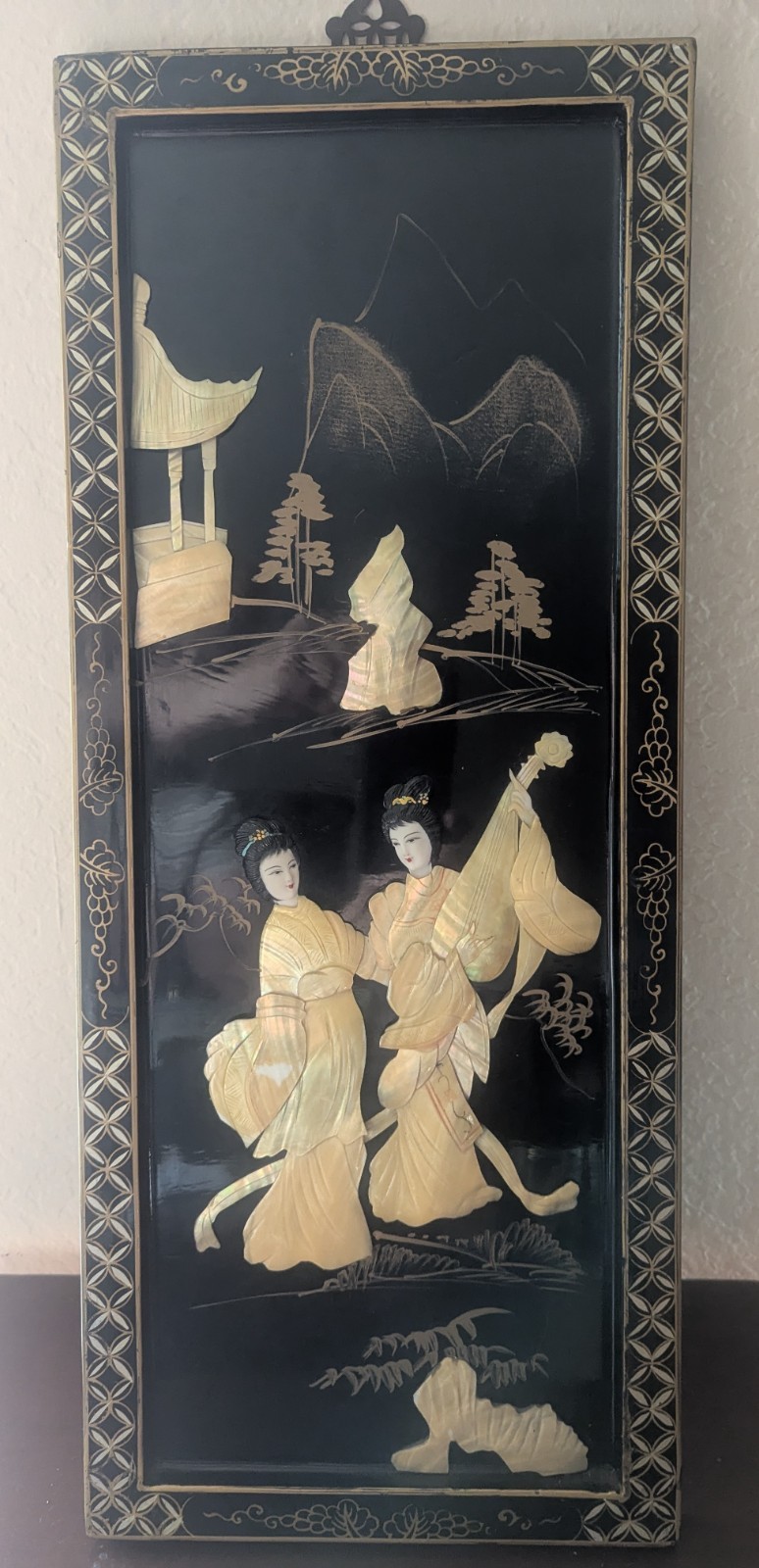 Vintage Asian Black Lacquer Mother of Pearl Geisha Wood Wall Panels- Set of 2