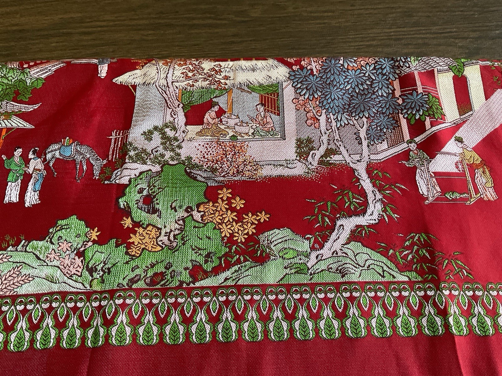 Vintage Brocaded Flowers brand Chinese Red Silk Tapestry Tablecloth 80″x54″