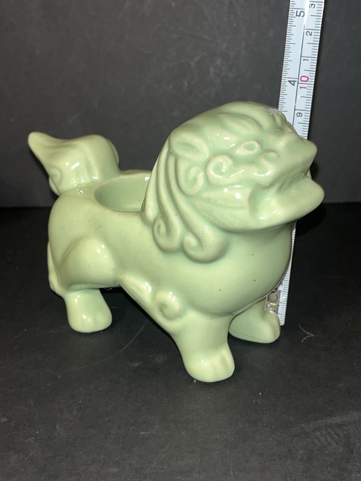 Pair MCM Oriental Foo Dog Tealight Candle Holders Khara Lions Vtg Green Asian