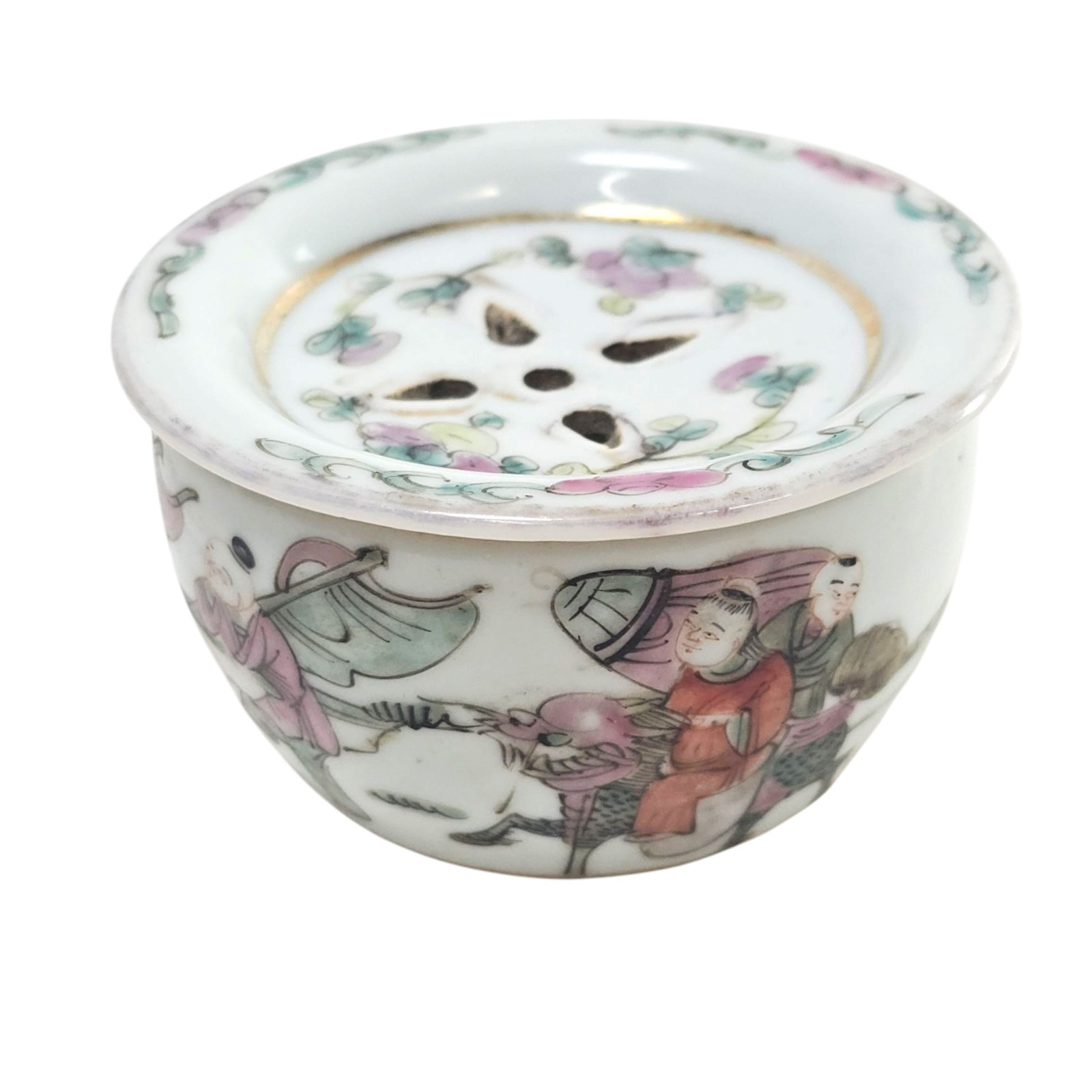 Chinese Qing Famille Rose Cricket Pot 3.5” Porcelain Personage Scene Antique