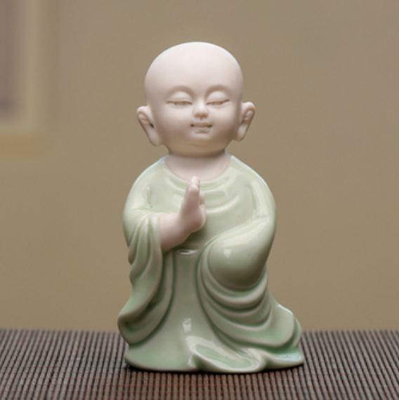 3.5″Chinese Celadon Porcelain Ceramics Lovable Little Stand Monk Figurine Statue